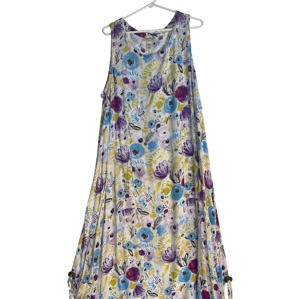 Water Lily Floral Handkerchief Hem Midi Dress XL Purple Blue Rayon Sleeveless‎